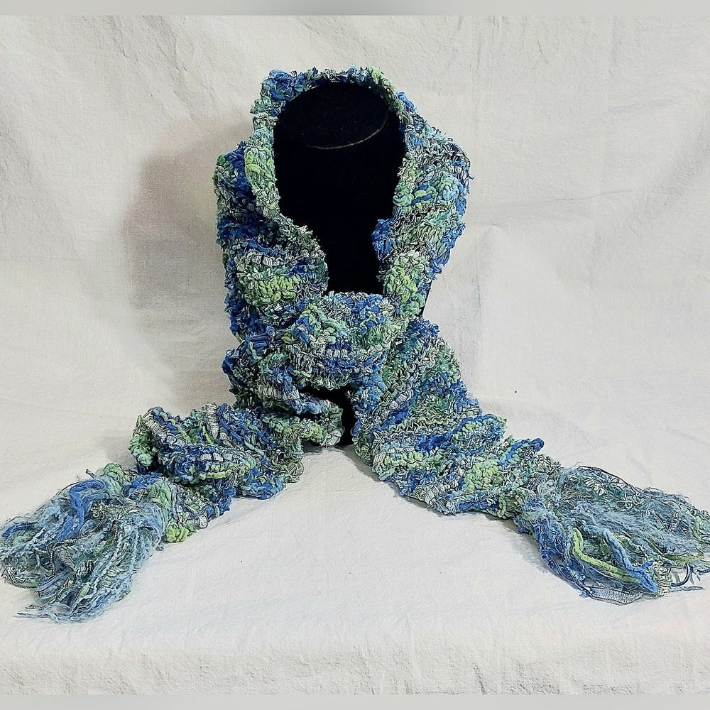 Handmade Knitted Blue and Green Textured Womens Scarf